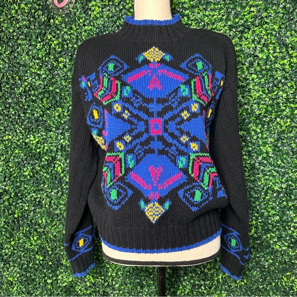 Vintage Liz Wear Geometric Knit Sweater Black Neon 90s Large